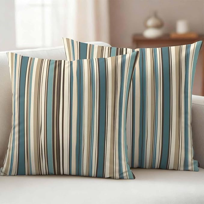 Boho Vertical Stripes Outdoor Waterproof Throw Pillow Covers Set of 2, 16"x16", Green Beige Simple Lines Decorative Pillow Covers Outside Cushion Case for Patio Porch Garden