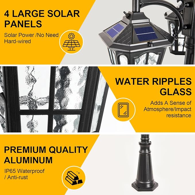 3-Head Solar Outdoor Street Light with Dusk to Dawn Sensor, Aluminum Exterior Pole Light with Water Ripple Glass, Classic Waterproof Black Solar Lamp Post Lights for Backyard, Garden, Driveway