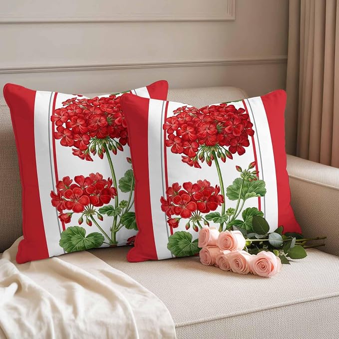 Flower Outdoor Waterproof Throw Pillow Covers 26"x26" Set of 2, Geranium Red Floral Summer Plant Spring Decorative Garden Pillowcase with Zipper Cushion Case for Patio Couch Tent
