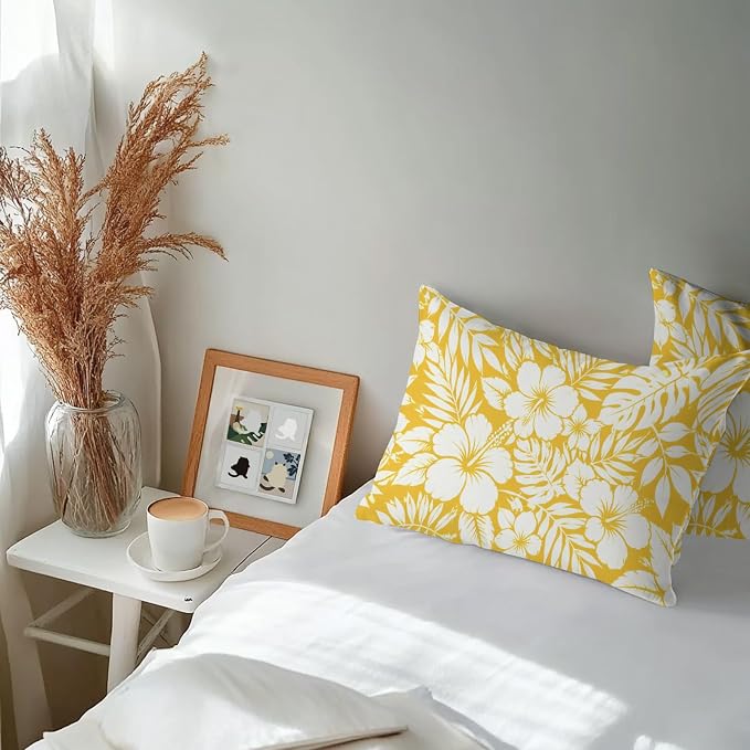 Yellow Hibiscus Flowers Waterproof Outdoor Pillow Covers Set of 2 Home Decor, Tropical Monstera Leaves Lumbar Pillowcase Patio Pillow Covers for Couch Bench Patio Furniture Garden 20x12in