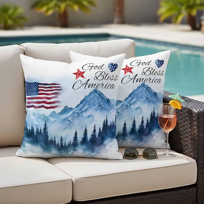 4th of July American Flag Outdoor Pillow Covers 18x18 Inch Throw Pillow Covers Set of 2 Waterproof Decorative Pillow Cases Independence Day Forest Cushion Covers for Patio Furniture Garden Couch Sofa
