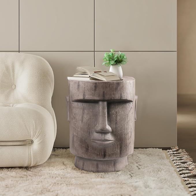 Outdoor Side Table Easter Island AHU Akivi Moai Statue Pedestal End Table Stool for Home Patio Deck Sunroom Garden Balcony Yard Lawn Grey