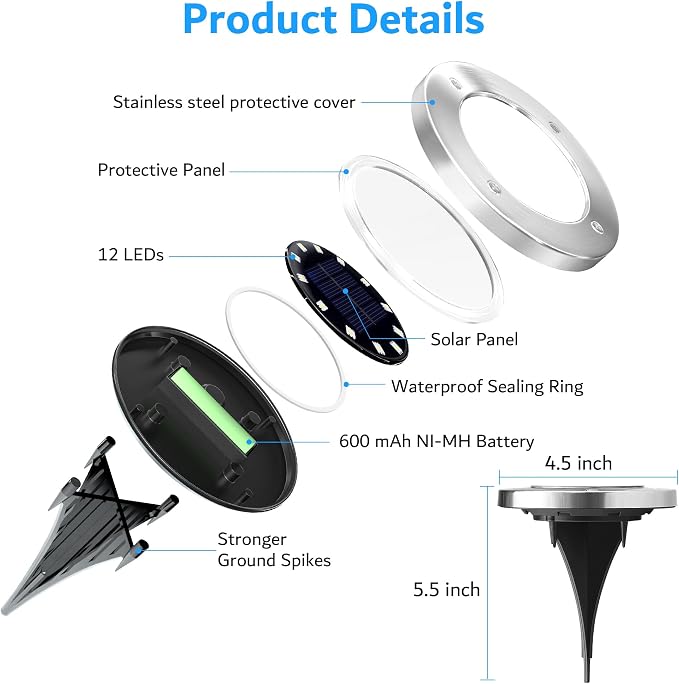 Biling Solar Ground Lights Outdoor Bright Waterproof 12 Pack Warm White | Flat 12 LEDs Solar Lights Outdoor Longevity, Easy To Assemble and Use, for Yard Walkway Garden Driveway