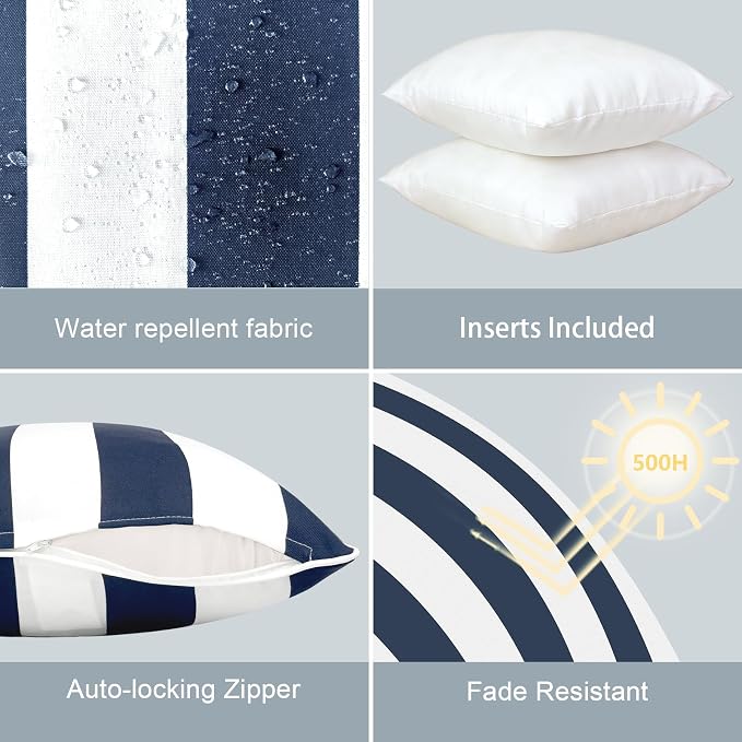 LVTXIII Set of 2 Patio Throw Pillows Waterproof 16"x16" Fade Resistant Outdoor Throw Pillows with Inserts, Fluffy Decorative Garden Toss Pillow Cushions for Home Patio Coach Sofa Use, Cabana Navy