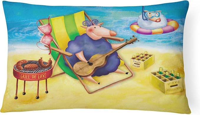 Caroline's Treasures APH0079PW1216 Pig Sunbathing on The Beach Canvas Fabric Decorative Pillow Machine Washable, Indoor Outdoor Decorative Pillow for Couch, Bed or Patio, 12HX16W