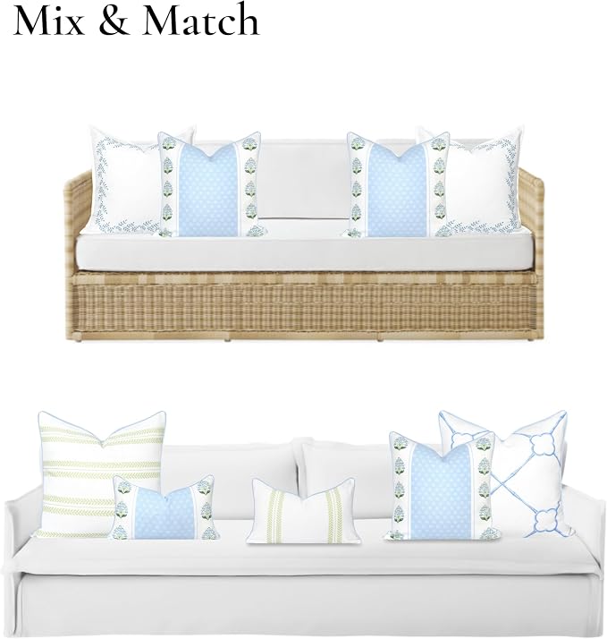 Hofdeco Premium Grandmillennial Coastal Hampton Patio Indoor Outdoor Throw Pillow Cover Only, 20"x20" Water Repellent for Backyard, Couch, Poolside, Blue Green Print Block Striped Lily of the Valley
