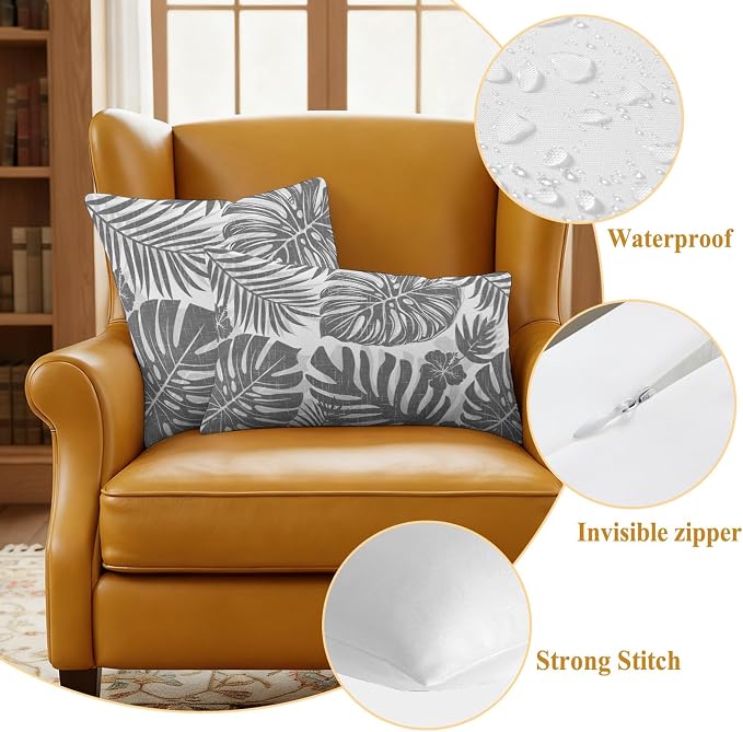 Grey Palm Leaves Outdoor Pillow Covers 20"x12" Set of 2, Tropical Botanical Minimalist Modern Waterproof Throw Pillow Covers for Patio Furniture, Decorative Cushion Covers for Porch