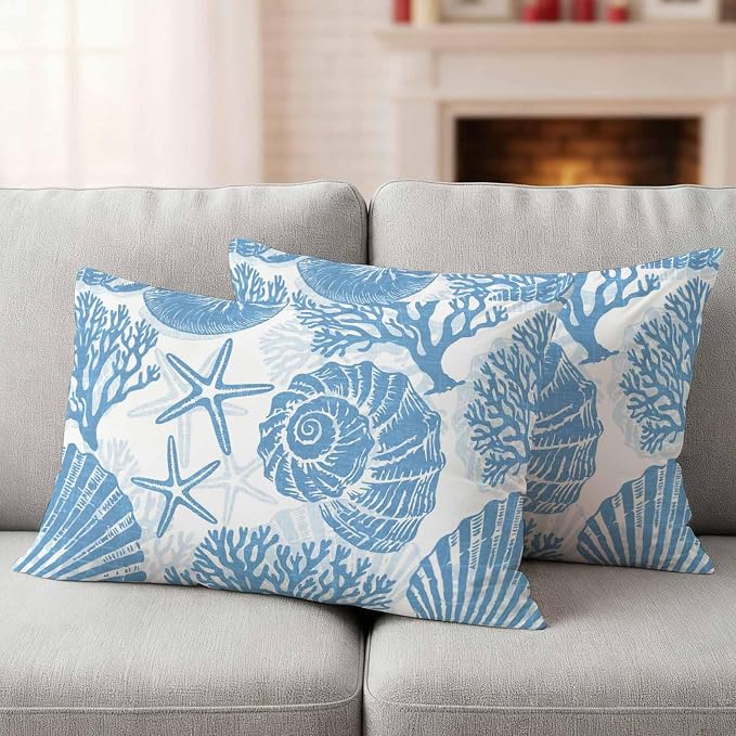 Lumbar Pillow Covers 20x12 Inch Set of 2, Blue Coastal Waterproof Outdoor Pillow Covers, Beach Starfish Nautical Coral Shell Summer Decorative Cushion Pillowcases for Couch, Sofa, Bed, Garden, Patio