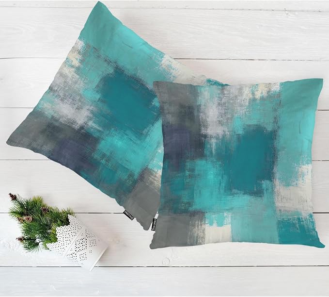 Swono Abstract Painting Throws Pillows Covers for Couch, Graffiti Turquoise Grey Brush Decorative Pillow Cases for Men Women, Comfortable Pillow Cushion Cover Pack of 2 18"X18" for Home Sofa Bed