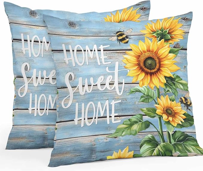 Throw Pillow Covers 16x16 Inch Set of 2, Spring Sunflower Waterproof Outdoor Pillow Covers, Bee Wooden Grain Country Rustic Decorative Cushion Pillowcases for Couch, Sofa, Bed, Garden, Patio