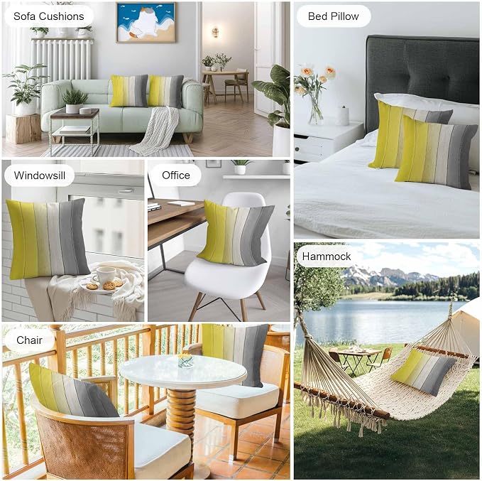 Throw Pillow Covers 18x18 Inch Set of 2, Yellow Gray Ombre Waterproof Outdoor Cushion Covers, Vintage Country Wooden Decorative Pillowcases for Couch, Sofa, Bed, Garden, Patio