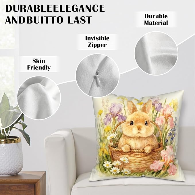 Set of 2 Spring Easter Throw Pillow Covers Watercolor Lovely Bunny Pillow Covers 24x24 Rabbit Daisy Iris Floral Pillow Cases Spring Holiday Cushion Cases for Home Sofa Decor