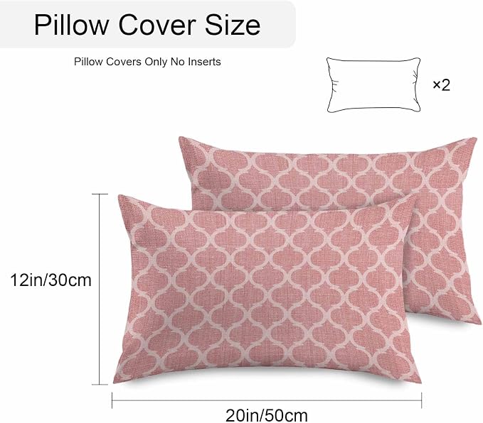Coral Pink Morocco Outdoor Pillow Covers 20x12 Inch Lumbar Pillow Covers Set of 2 Waterproof Decorative Throw Pillow Cases Vintage Geometric Plaid Mahbudium Cushion Covers for Patio Furniture Garden