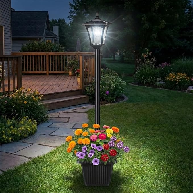 Benany 76" Solar Lamp Post Lights with Planter, Glass & Metal Street Light Outdoor Waterproof, 60 Lumens Dusk to Dawn Solar Pole Light for Garden, Yard, Driveway, Porch, Patio, Cool White