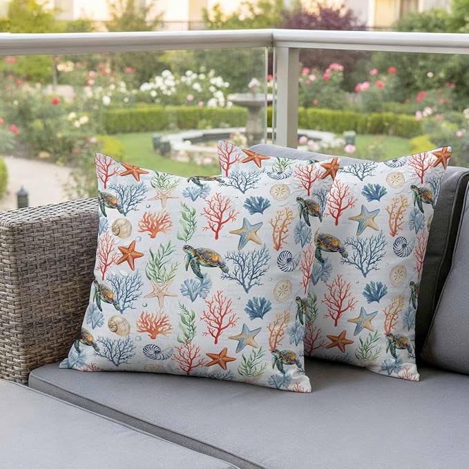 Summer Ocean Outdoor Waterproof Pillow Covers Pack of 2, Blue Nautical Sea Turtles Shells Corals Starfish Decorative Throw Pillowcases Cushion Covers for Garden Patio Tent Sofa Couch, 16x16 inch