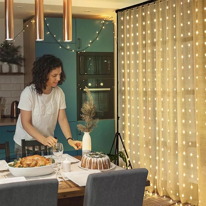echosari 20Ft x 10Ft Large Curtain Lights Plug in Warm White & Multicolor | 600 LED Dual Color Changing Outdoor Curtain Lights Waterproof Connectable with Remote for Wedding Backdrop Yard Decor