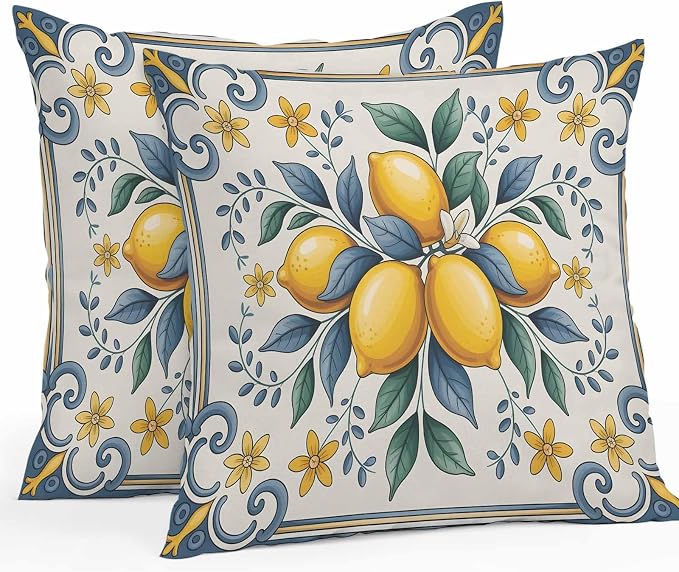 Throw Pillow Covers 24x24 Inch Set of 2, Yellow Blue Lemon Waterproof Outdoor Cushion Covers, Summer Botanical Watercolor Decorative Pillowcases for Couch, Sofa, Bed, Garden, Patio