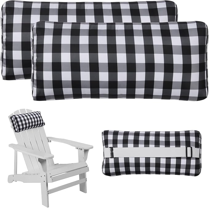 Outdoor Pillow for Chaise Lounge Chair, Plaid Oudoor Patio Pillow with Insert Adjustable Elastic Strap for Recliner Beach Pool Patio Chairs, 2 Pcs Black and White