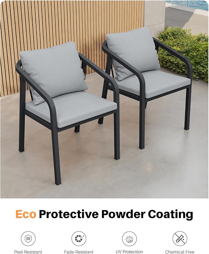 Never-Rust Aluminum Outdoor Dining Chairs Set Of 2, Patio Dining Chairs with Thick Cushion, Outdoor Patio Chairs with Wraparound Backrest and Curved Armrest for Balcony, Lawn, Courtyard, Black