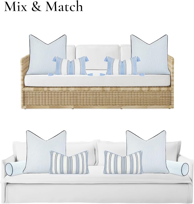 Hofdeco Premium Coastal Hampton Outdoor Performance Throw Pillow Cover Only, 20"x20" Water Repellent, UV and Fade Resistant for Backyard, Couch, Poolside, Azure Blue Indigo Woven Coastline Stripes