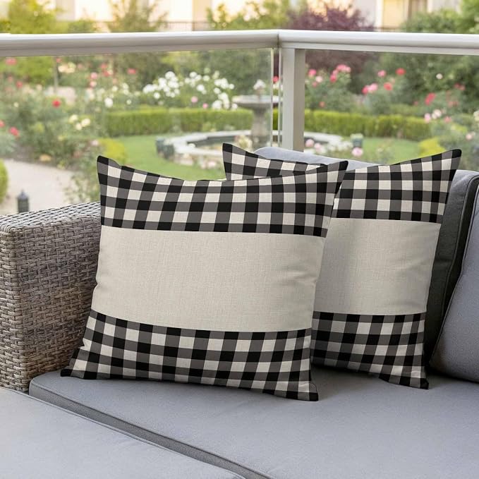 Retro Black Outdoor Waterproof Pillow Covers, Farmhouse Buffalo Plaid Vintage Beige Decorative Square Throw Pillowcase Sofa Cushion Sham for Patio/Couch/Chair, 16"x16" 2 Pack