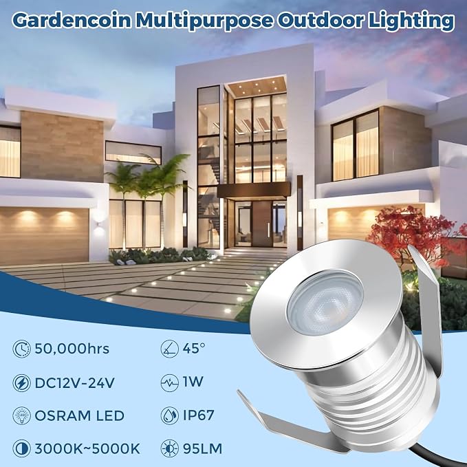 Outdoor Recessed LED Lights, 1 Watt Soffit & Deck Riser Lighting Flush Mount, 12V-24V Low Voltage Landscape In Ground Well Light, IP67 Waterproof, 5000K Daylight White, 6 Pack