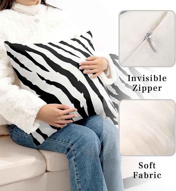 Zebra Stripes Pillowcase 20x20 Set of 2 Black and White Animal Print Stripe Throw Pillow Covers Square Cotton Blend Cushion Covers Home Decor for Sofa Bedroom