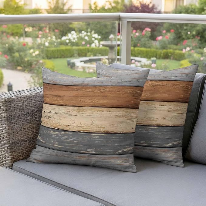 Farmhouse Haze Blue Brown Outdoor Waterproof Pillow Covers, Vintage Wooden Striped Decorative Square Throw Pillowcase Sofa Cushion Sham for Patio/Couch/Chair, 18"x18" 2 Pack