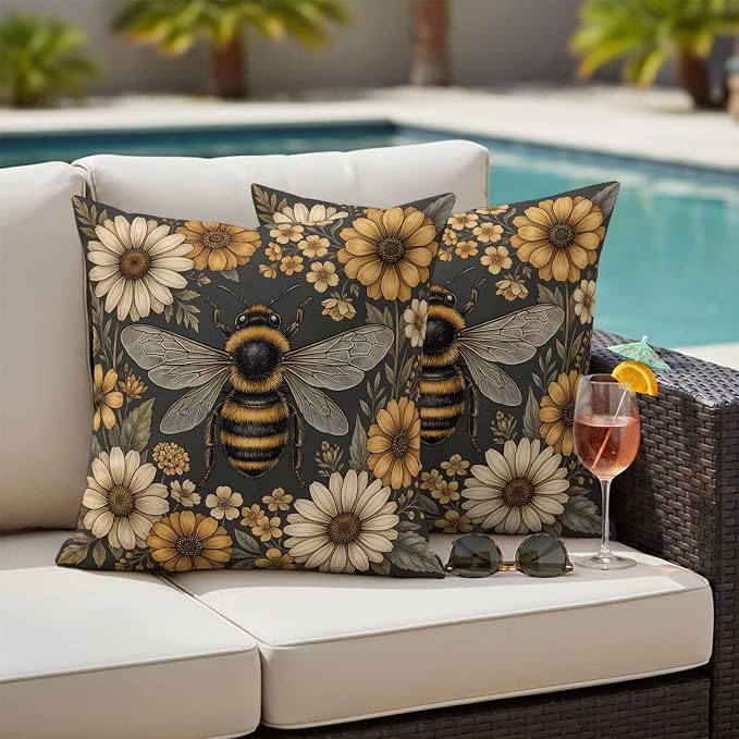 Outdoor Pillow Covers Waterproof, Bee Flowers Decorative Square Throw Pillowcases Patio Cushion Covers for Tent/Garden, 18" x 18" 2 Pack, Retro Country Animals Botanical Floral Plants