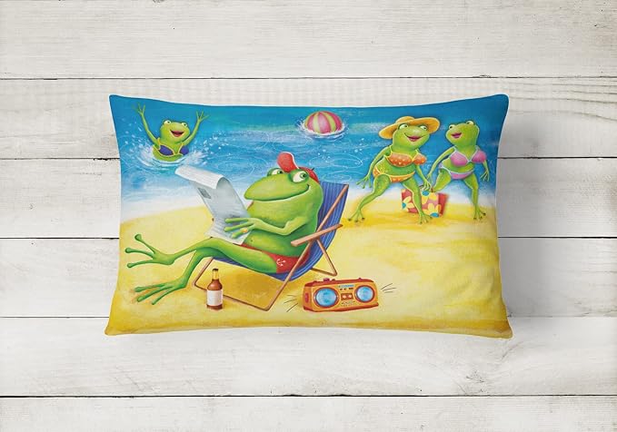 Caroline's Treasures APH0080PW1216 Frogs on The Beach Canvas Fabric Decorative Pillow Machine Washable, Indoor Outdoor Decorative Pillow for Couch, Bed or Patio, 12HX16W