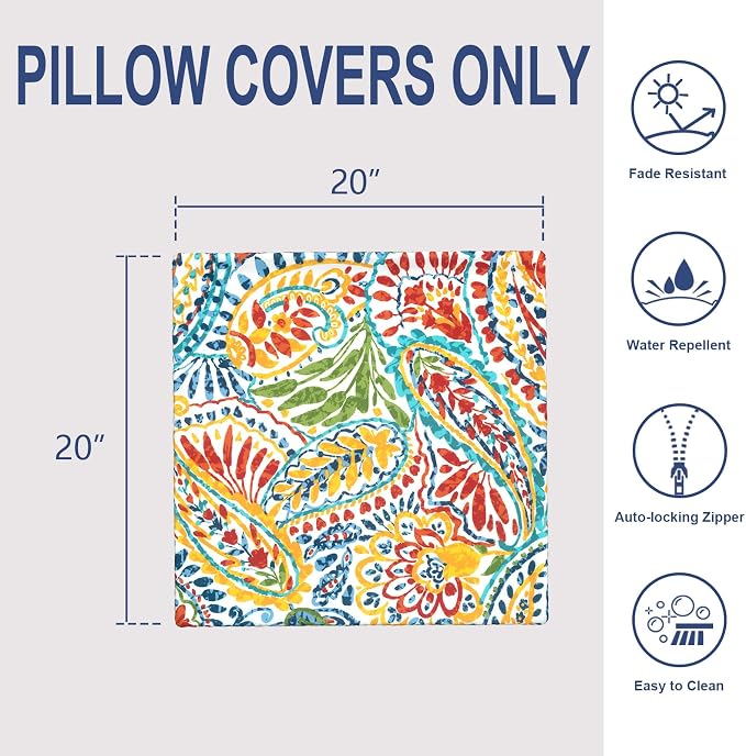 20x20 Inch Pack of 2 Patio Throw Pillow Covers ONLY, Water Repellent Cushion Cases, Square Pillowcases for Outdoor Couch Decoration, Paisley Multi