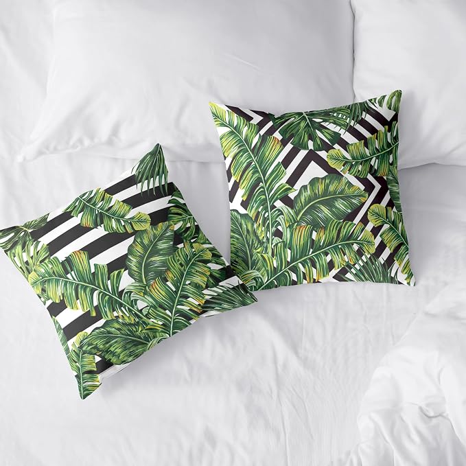 Tropical Green Banana Leaf Throw Pillow Covers Black and White with Stripe Pillowcase Square Decorative Cushion Cases Cotton Blend Outdoor Decor 20x20 in 2 Pcs for Beach Sofa Bed