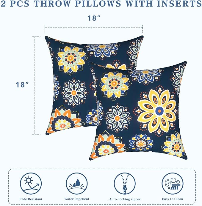 LVTXIII 2 Pack Outdoor Pillows 18x18 Inch, Square Throw Pillows with Inserts, Decorative Water-Repellent Pillow Cushions for Patio Furniture and Garden Sofa, Bloom Cobalt