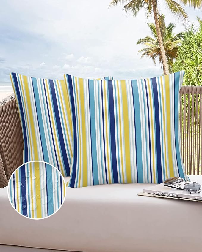 Blue Yellow Striped Outdoor Waterproof Pillow Covers, Farmhouse Navy Blue Ombre Stripes Decorative Square Throw Pillowcase Sofa Cushion Sham for Patio/Couch/Chair, 18"x18" 2 Pack