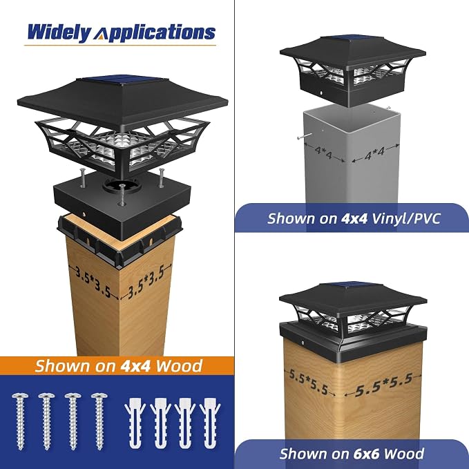 APONUO Solar Post Cap Lights with 8 RGB Colors and Multicolor Flow, Ultra-Bright Clear Lens, IP65 Waterproof for 4x4 5x5 6x6 Wood & Vinyl Fence Posts, 6 Pack Black