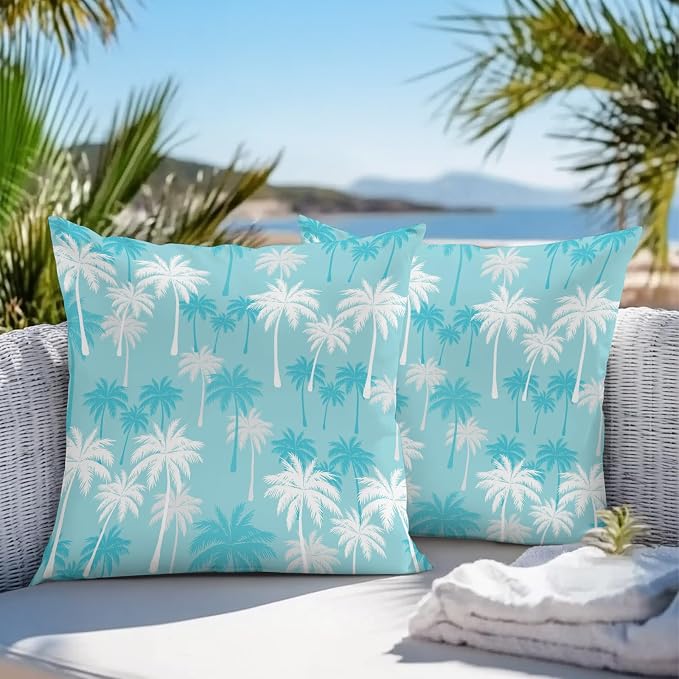 Throw Pillow Covers 18x18 Inch Set of 2, Tropical Palm Tree Waterproof Outdoor Pillow Covers, Blue Cyan Plants Coastal Leaf Beach Decorative Cushion Pillowcases for Couch, Sofa, Bed, Garden, Patio
