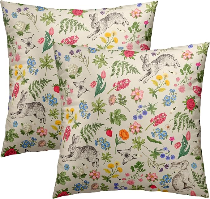 Spring Easter Throw Pillow Covers - Flower Sage Green Leaves Vintage Botanical Plants Pillow Cases Decorative for Rabbit Decor Couch Sofa Bedroom Living Room 16x16 Inch Set of 2
