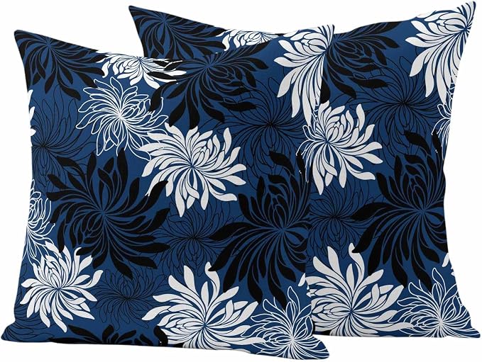 Yukro Blue Black Floral Outdoor Waterproof Pillow Covers Pack of 2, Vintage Blue White Black Flower Decorative Throw Pillowcases Cushion Covers for Garden Patio Tent Sofa Couch, 26x26 inch