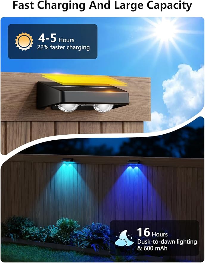 Solar Fence Lights Outdoor, 4 Pack Color Changing Fence Lights Solar Powered with 9 RGB Colors & 11 Lighting Modes, IP65 Waterproof Dusk to Dawn Fence Lights for Patio, Deck, Wall, Backyard