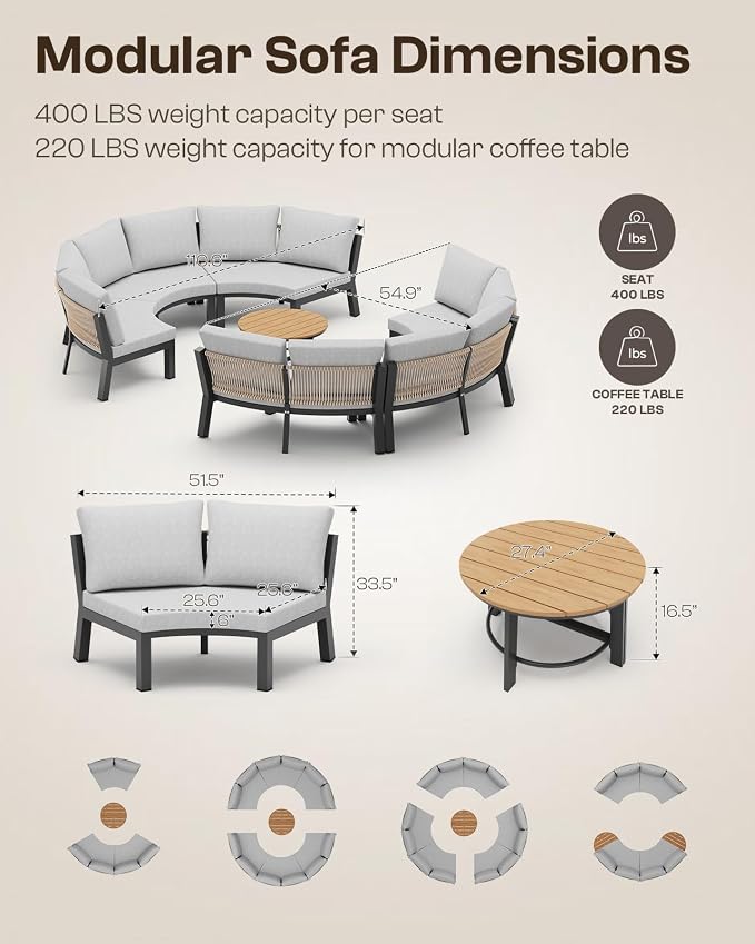 Outdoor Patio Furniture Set, 4 Piece Half Moon Aluminum Patio Conversation Sets Curved Sofa with PE Rope, All-Weather Sectional Furniture Set with Modular Coffee Table & Cushions, Gray