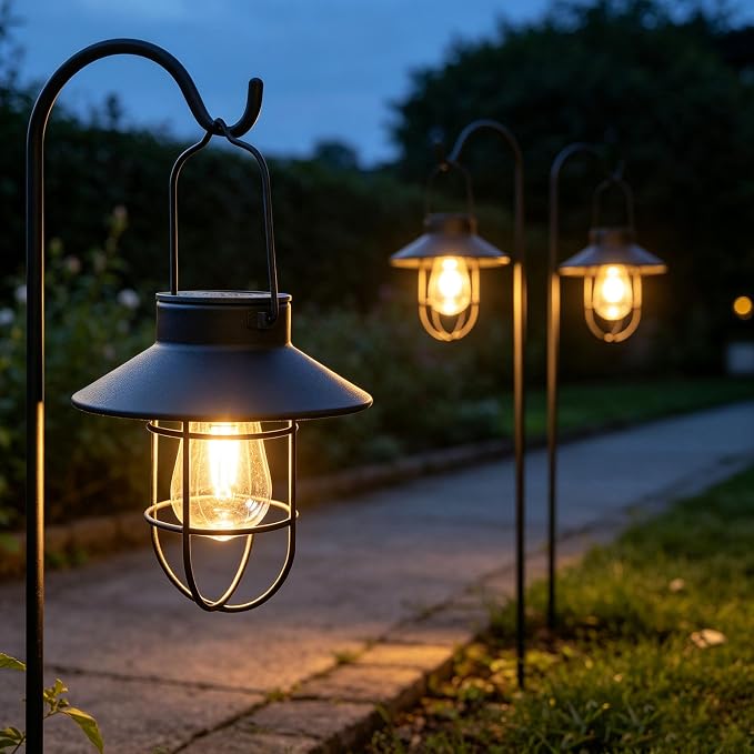 4 Pack Hanging Solar Lantern Lights with Shepherd Hook, Metal Waterproof Warm White Edison Bulb Lights for Garden Outdoor Pathway