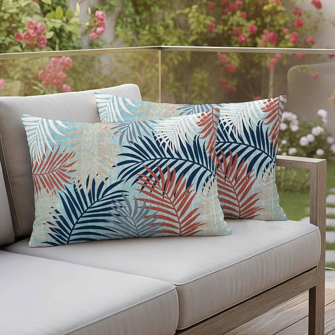 Outdoor Waterproof Throw Pillow Covers, Red Blue Teal Palm Leaves Decorative Pillow Cases, Summer Botanical Tropical Leaf Couch Pillow Protector Patio Sofa Cushion Covers Replacement 20"x12" 2 Pack