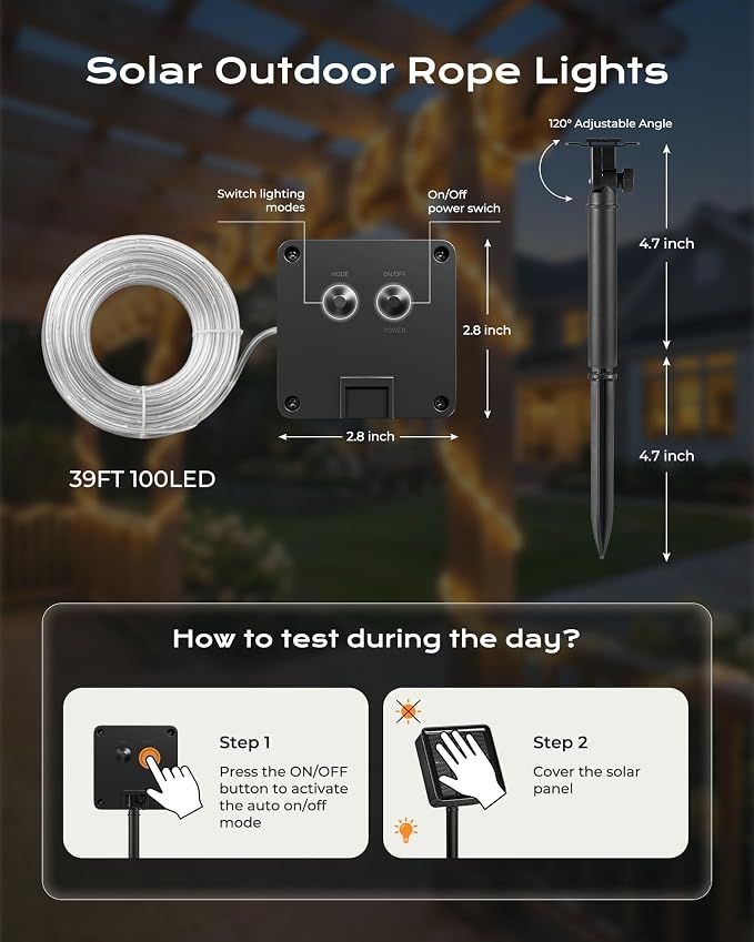 Brightown 39FT 100LED Warm White Solar Rope Lights Waterproof | IP65 waterproof solar fairy lights with 8 lighting modes, solar powered, perfect decor for yard, garden and outdoor tree
