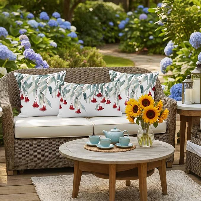 Red Floral Leaves Waterproof Outdoor Pillow Covers Set of 2 Home Decor, Pastoral Rustic Botanical Flowers Pillowcase Patio Pillow Covers for Couch Bench Furniture Garden 26x26in