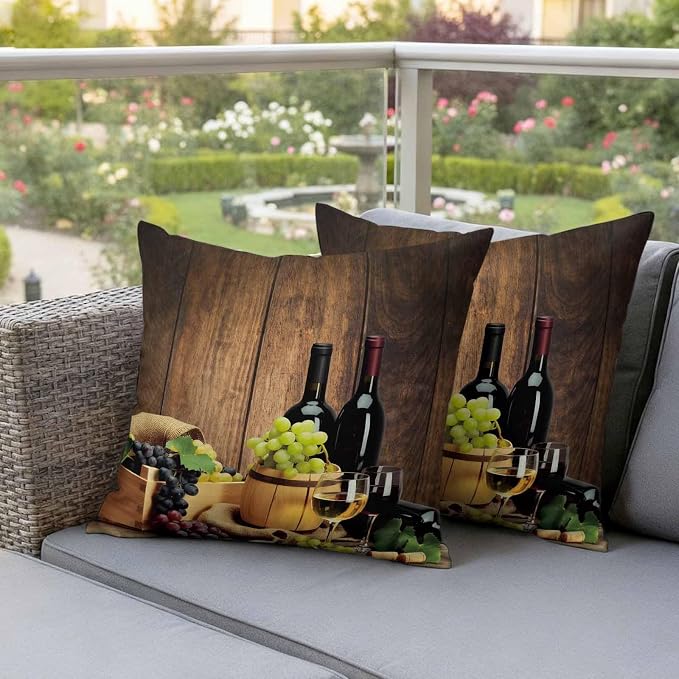 Outdoor Pillow Covers 18 x 18 Inches, Red Wines Waterproof Throw Pillow Cover Set of 2, Champagne Grapes Galsses Country Wooden Plank Decorative Square Cushion Covers for Patio/Couch/Garden