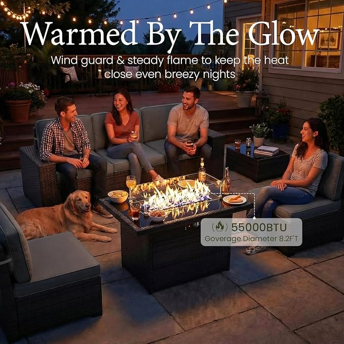 LayinSun 7 Pieces Outdoor Patio Furniture Set with 44" Fire Pit Table Brown Rattan Sectional Sofa Conversation Sets