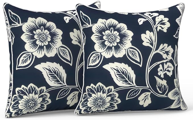 LVTXIII Outdoor Pillow Covers 16x16, Patio Waterproof Throw Pillow Cases Fade Resistant Accent Pillow Covers for Spring Summer Garden Decoration, Set of 2, Elegant Vines Navy