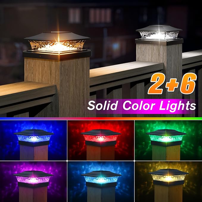 APONUO Solar Post Cap Lights with 8 RGB Solid Colors & Multicolor Flow - 12 Pack 6x6 Post Cap Solar Light, IP65 Waterproof - Fits 4x4 5x5 6x6 Wood & Vinyl Posts - Black