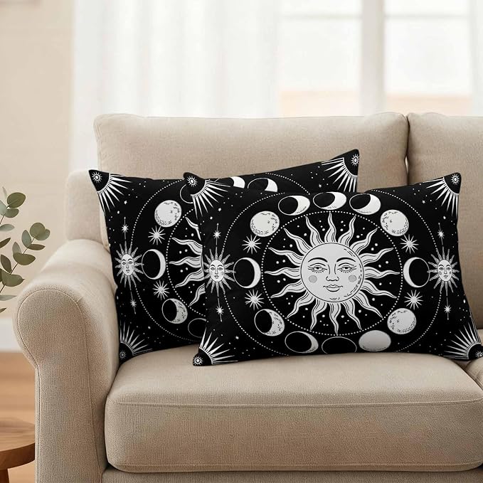 Celestial Sun and Moon Waterproof Outdoor Pillow Covers Set of 2 Home Decor, Black Starry Galaxy Boho Lumbar Pillowcase Patio Pillow Covers for Couch Bench Patio Furniture Garden 20x12in