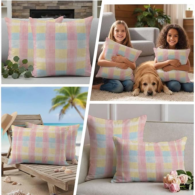 Colorful Plaids Outdoor Waterproof Throw Pillow Covers Set of 2, 26"x26", Pink Blue Yellow Stripes Geometric Rustic Decorative Pillow Covers Outside Cushion Case for Patio Porch Garden